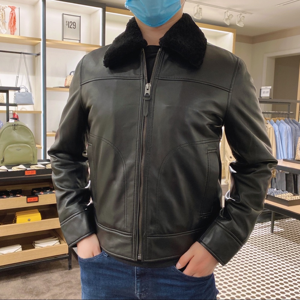 Coach Men Leather Aviator Jacket With Shearling Collar - Picture 9 of 10